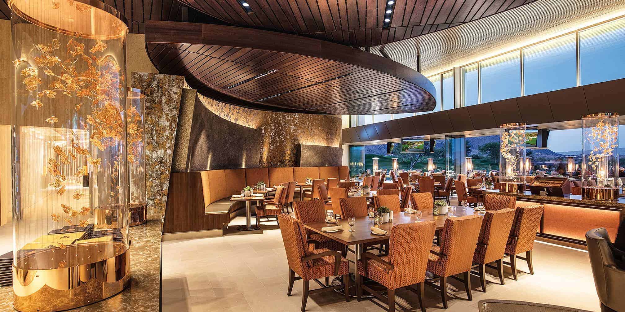 Restaurant interior with warm finishes